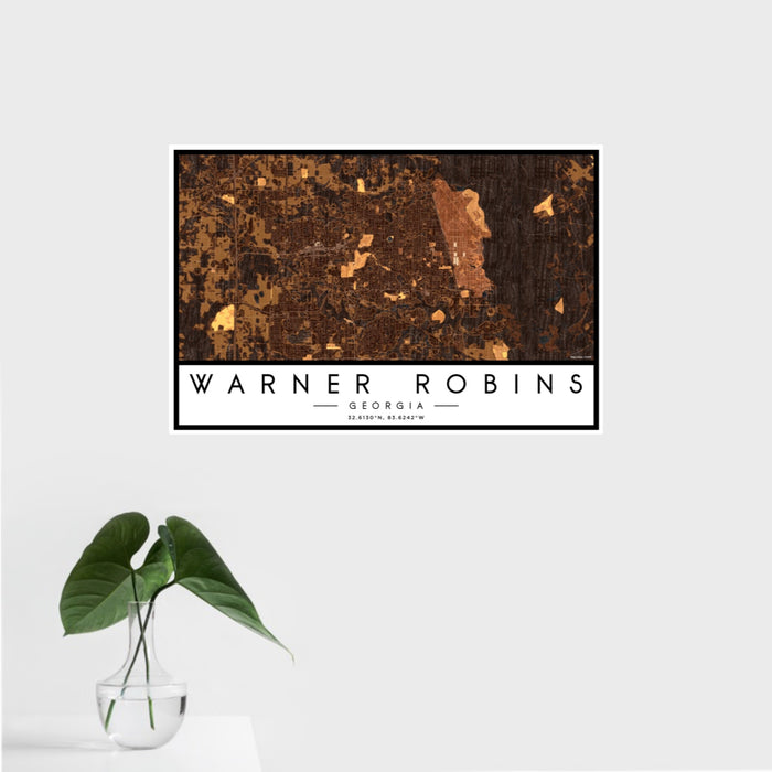 16x24 Warner Robins Georgia Map Print Landscape Orientation in Ember Style With Tropical Plant Leaves in Water