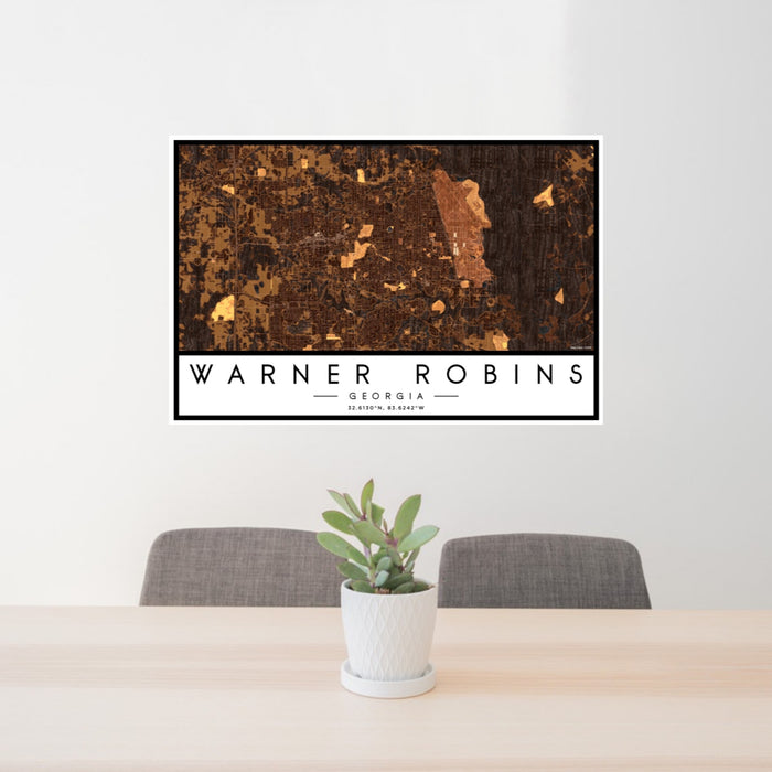24x36 Warner Robins Georgia Map Print Landscape Orientation in Ember Style Behind 2 Chairs Table and Potted Plant