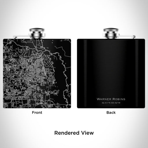 Rendered View of Warner Robins Georgia Map Engraving on 6oz Stainless Steel Flask in Black