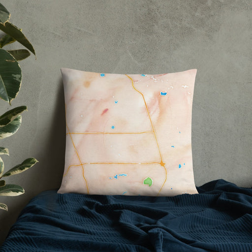 Custom Warner Robins Georgia Map Throw Pillow in Watercolor on Bedding Against Wall
