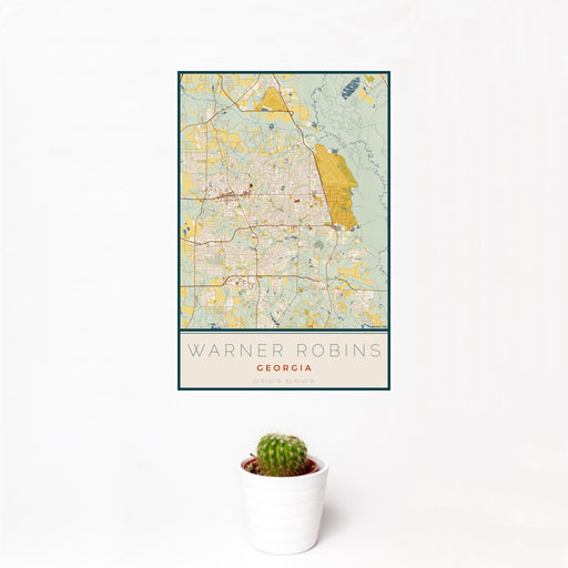 12x18 Warner Robins Georgia Map Print Portrait Orientation in Woodblock Style With Small Cactus Plant in White Planter