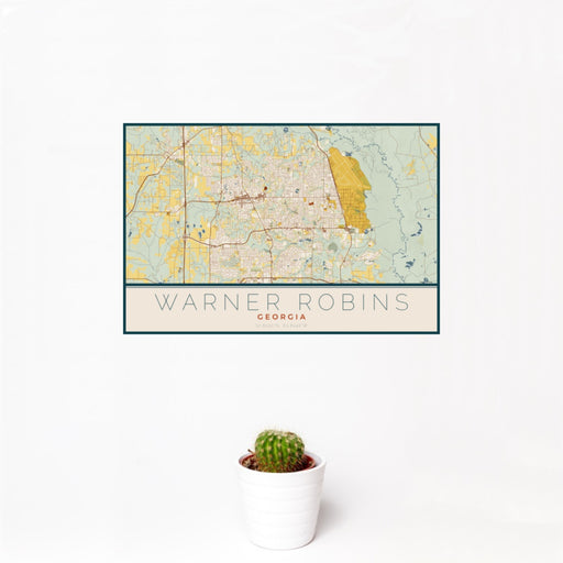 12x18 Warner Robins Georgia Map Print Landscape Orientation in Woodblock Style With Small Cactus Plant in White Planter