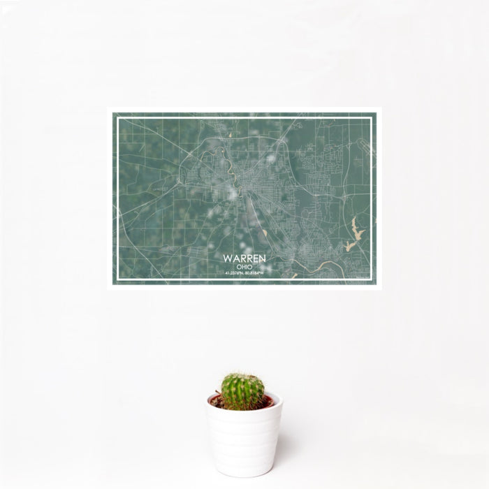 12x18 Warren Ohio Map Print Landscape Orientation in Afternoon Style With Small Cactus Plant in White Planter