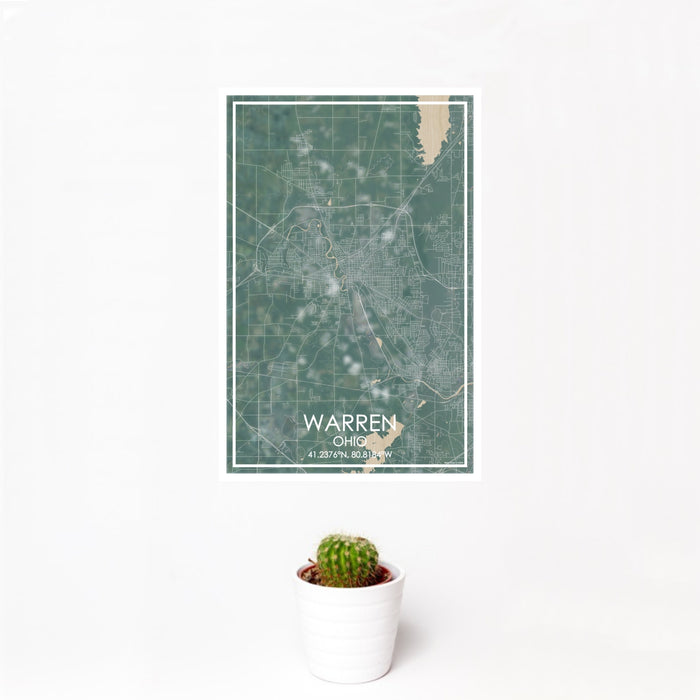 12x18 Warren Ohio Map Print Portrait Orientation in Afternoon Style With Small Cactus Plant in White Planter