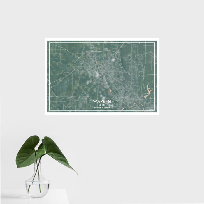16x24 Warren Ohio Map Print Landscape Orientation in Afternoon Style With Tropical Plant Leaves in Water