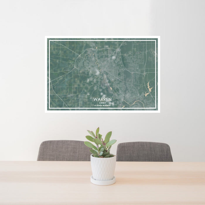 24x36 Warren Ohio Map Print Lanscape Orientation in Afternoon Style Behind 2 Chairs Table and Potted Plant