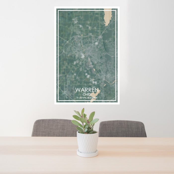 24x36 Warren Ohio Map Print Portrait Orientation in Afternoon Style Behind 2 Chairs Table and Potted Plant