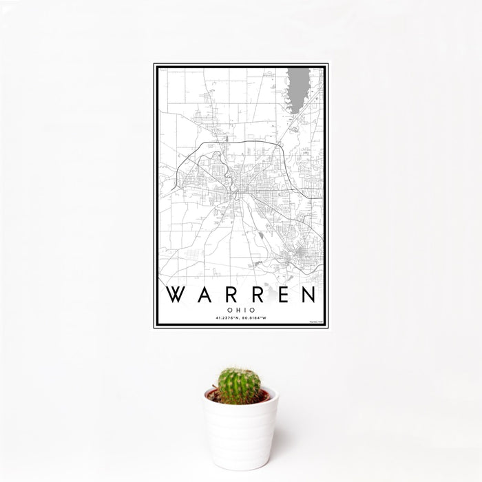 12x18 Warren Ohio Map Print Portrait Orientation in Classic Style With Small Cactus Plant in White Planter