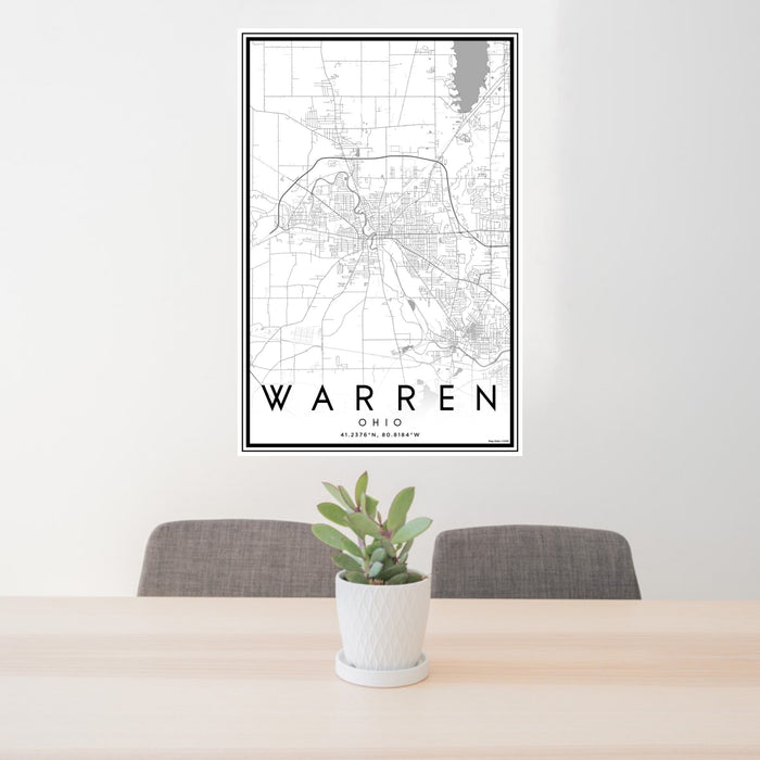 24x36 Warren Ohio Map Print Portrait Orientation in Classic Style Behind 2 Chairs Table and Potted Plant