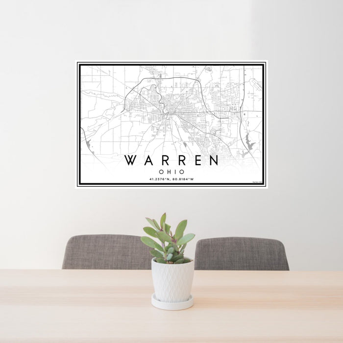 24x36 Warren Ohio Map Print Landscape Orientation in Classic Style Behind 2 Chairs Table and Potted Plant