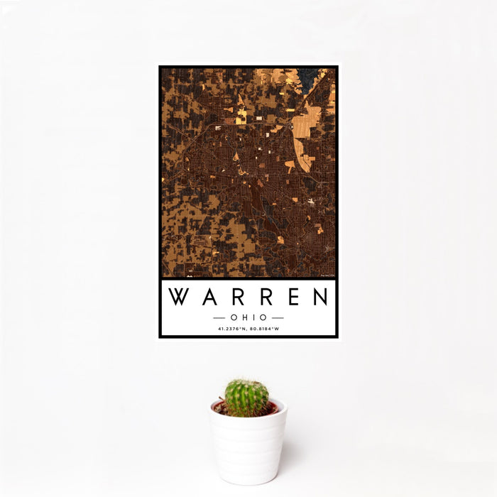 12x18 Warren Ohio Map Print Portrait Orientation in Ember Style With Small Cactus Plant in White Planter
