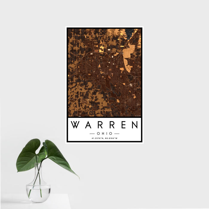 16x24 Warren Ohio Map Print Portrait Orientation in Ember Style With Tropical Plant Leaves in Water