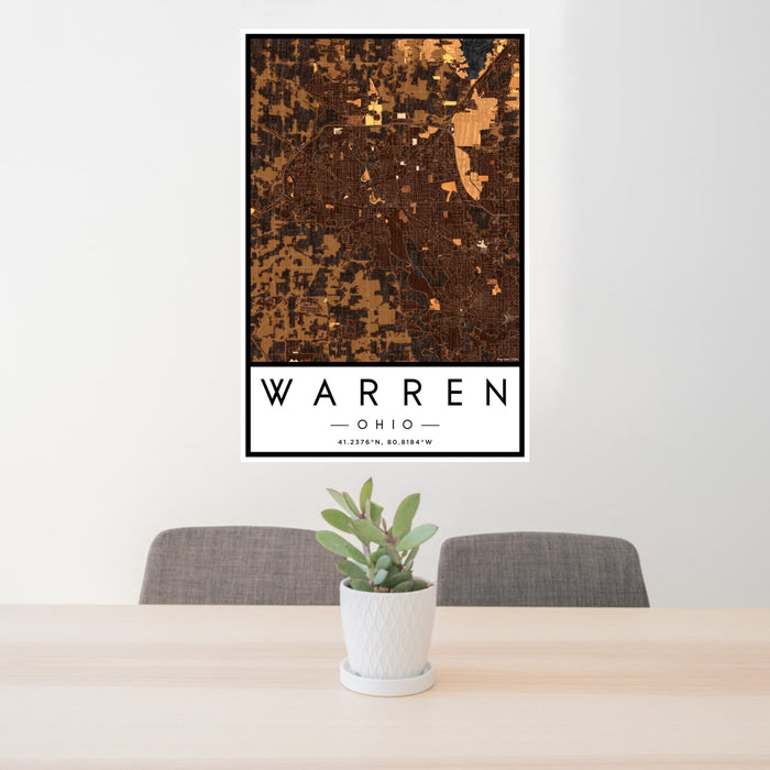24x36 Warren Ohio Map Print Portrait Orientation in Ember Style Behind 2 Chairs Table and Potted Plant