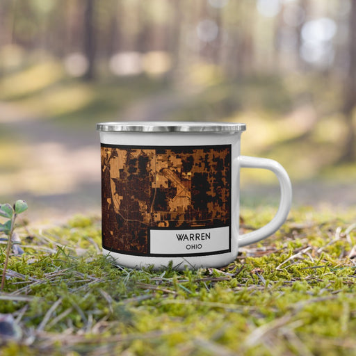 Right View Custom Warren Ohio Map Enamel Mug in Ember on Grass With Trees in Background