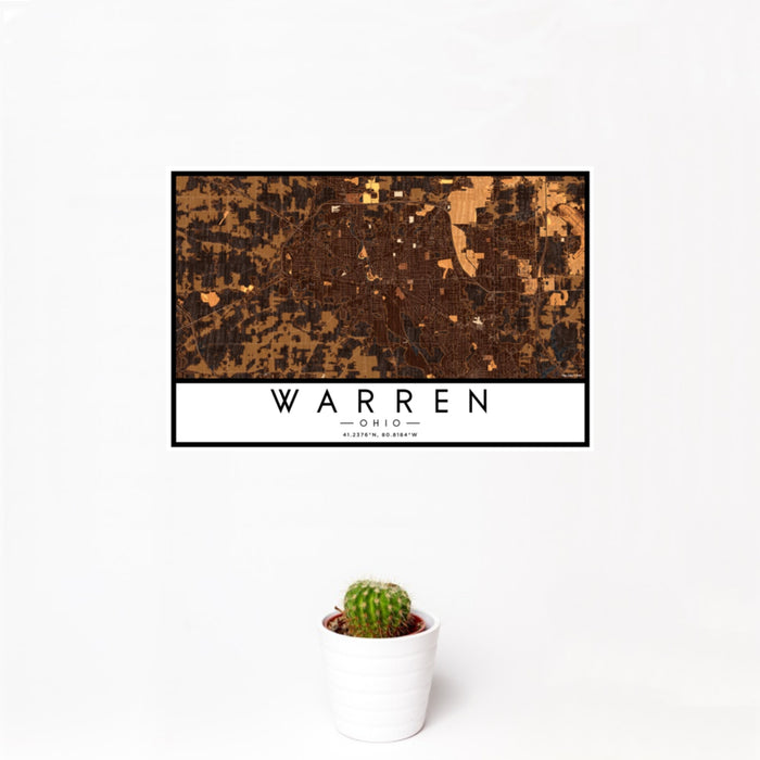 12x18 Warren Ohio Map Print Landscape Orientation in Ember Style With Small Cactus Plant in White Planter