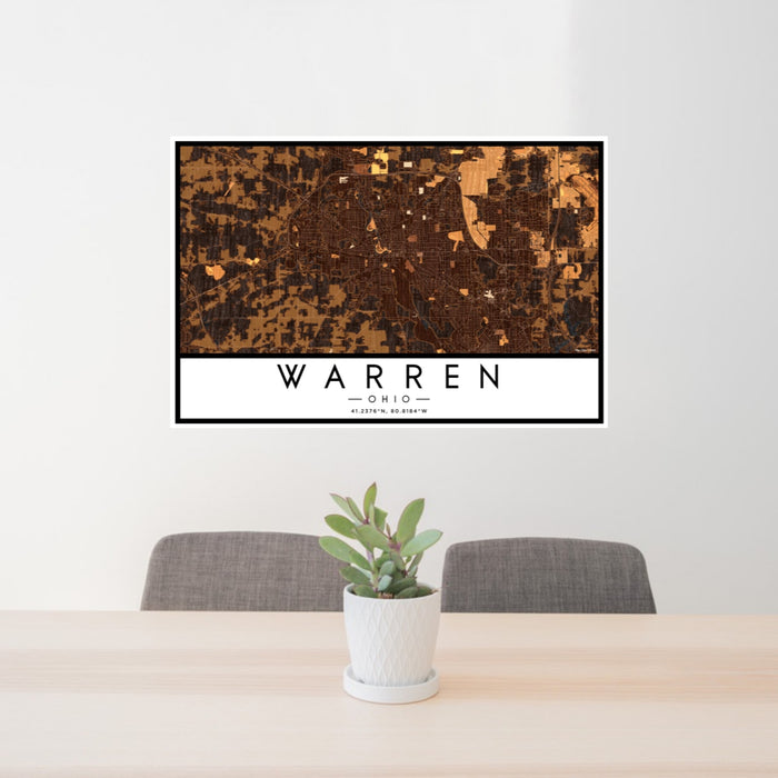 24x36 Warren Ohio Map Print Landscape Orientation in Ember Style Behind 2 Chairs Table and Potted Plant