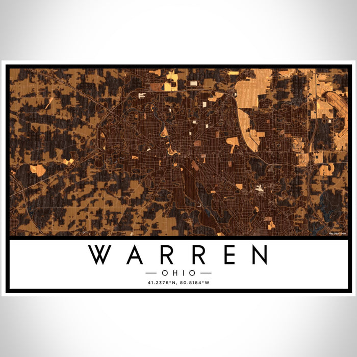 Warren Ohio Map Print Landscape Orientation in Ember Style With Shaded Background