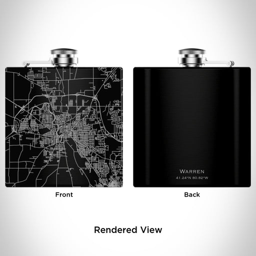Rendered View of Warren Ohio Map Engraving on 6oz Stainless Steel Flask in Black