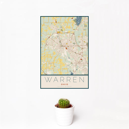 12x18 Warren Ohio Map Print Portrait Orientation in Woodblock Style With Small Cactus Plant in White Planter