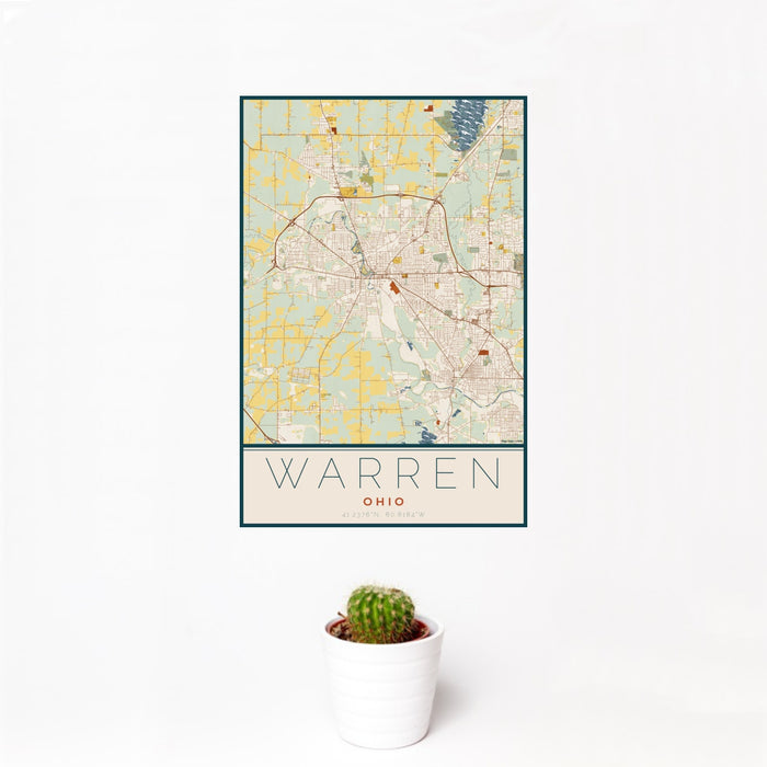 12x18 Warren Ohio Map Print Portrait Orientation in Woodblock Style With Small Cactus Plant in White Planter