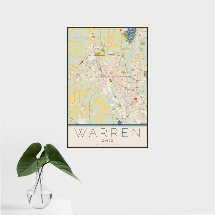 16x24 Warren Ohio Map Print Portrait Orientation in Woodblock Style With Tropical Plant Leaves in Water