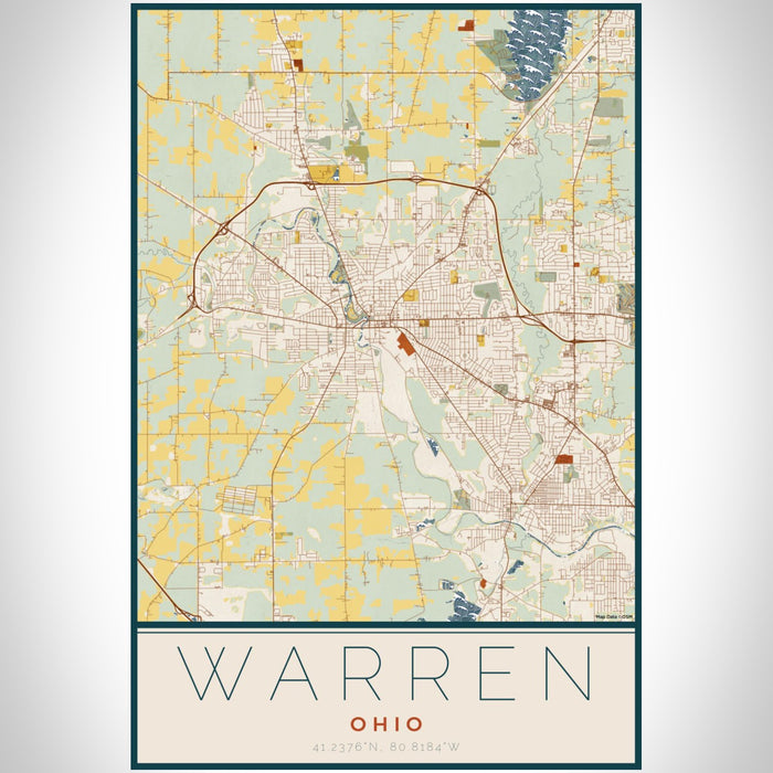 Warren Ohio Map Print Portrait Orientation in Woodblock Style With Shaded Background