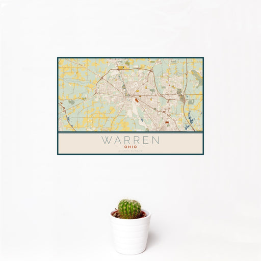 12x18 Warren Ohio Map Print Landscape Orientation in Woodblock Style With Small Cactus Plant in White Planter