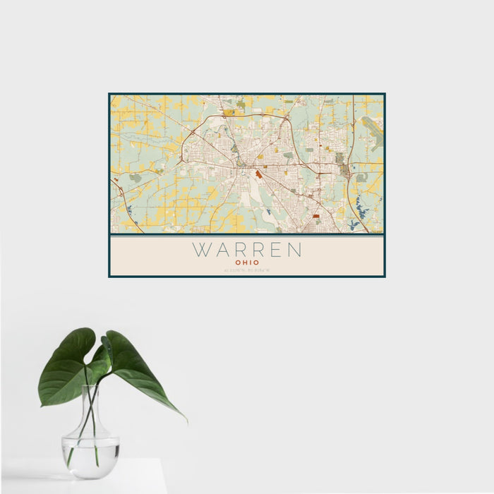 16x24 Warren Ohio Map Print Landscape Orientation in Woodblock Style With Tropical Plant Leaves in Water