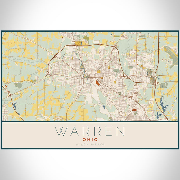 Warren Ohio Map Print Landscape Orientation in Woodblock Style With Shaded Background