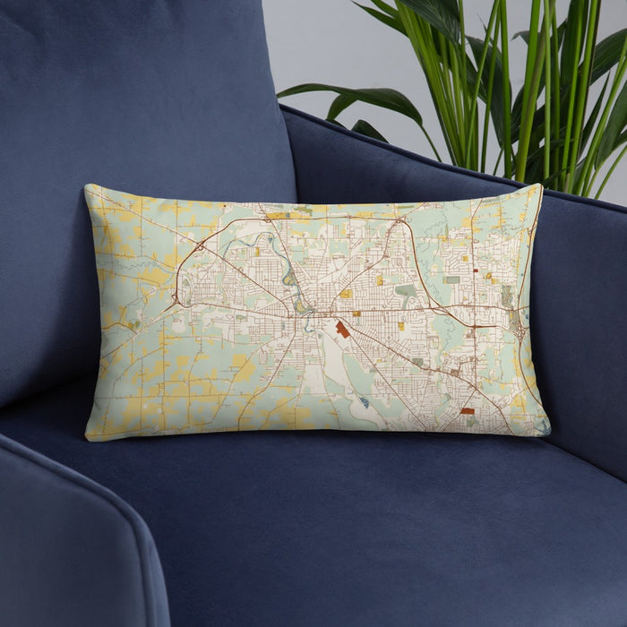 Custom Warren Ohio Map Throw Pillow in Woodblock on Blue Colored Chair