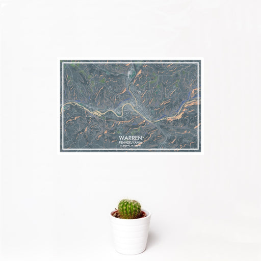 12x18 Warren Pennsylvania Map Print Landscape Orientation in Afternoon Style With Small Cactus Plant in White Planter