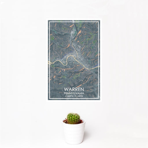 12x18 Warren Pennsylvania Map Print Portrait Orientation in Afternoon Style With Small Cactus Plant in White Planter