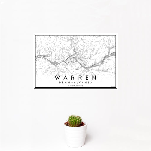 12x18 Warren Pennsylvania Map Print Landscape Orientation in Classic Style With Small Cactus Plant in White Planter