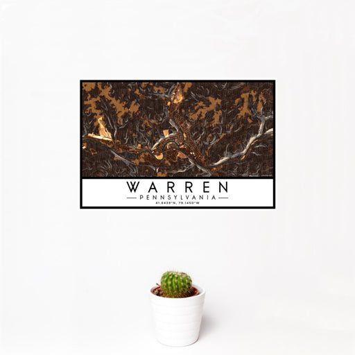 12x18 Warren Pennsylvania Map Print Landscape Orientation in Ember Style With Small Cactus Plant in White Planter