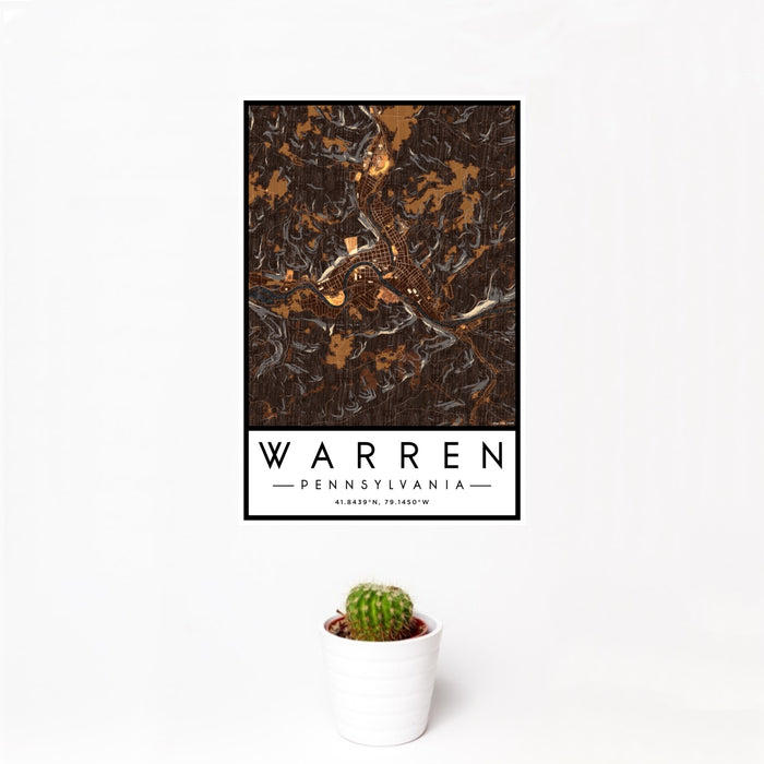 12x18 Warren Pennsylvania Map Print Portrait Orientation in Ember Style With Small Cactus Plant in White Planter