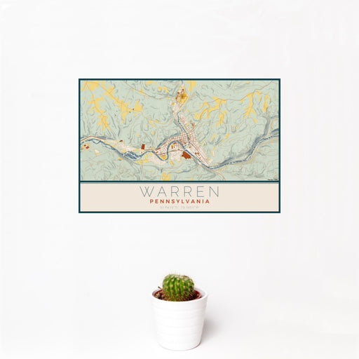 12x18 Warren Pennsylvania Map Print Landscape Orientation in Woodblock Style With Small Cactus Plant in White Planter