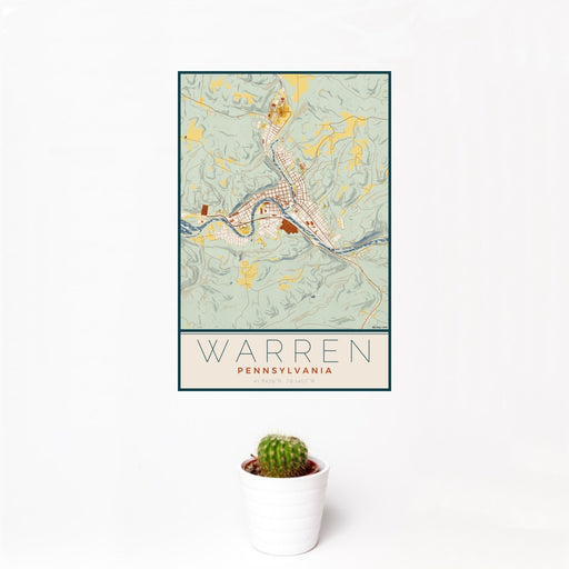 12x18 Warren Pennsylvania Map Print Portrait Orientation in Woodblock Style With Small Cactus Plant in White Planter