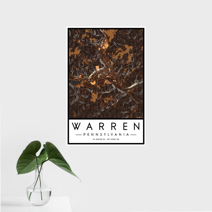 16x24 Warren Pennsylvania Map Print Portrait Orientation in Ember Style With Tropical Plant Leaves in Water