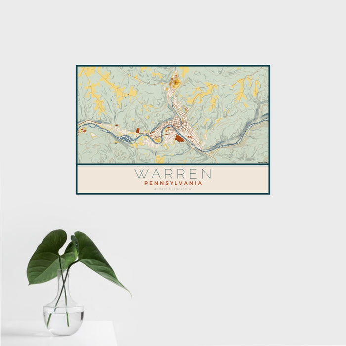 16x24 Warren Pennsylvania Map Print Landscape Orientation in Woodblock Style With Tropical Plant Leaves in Water