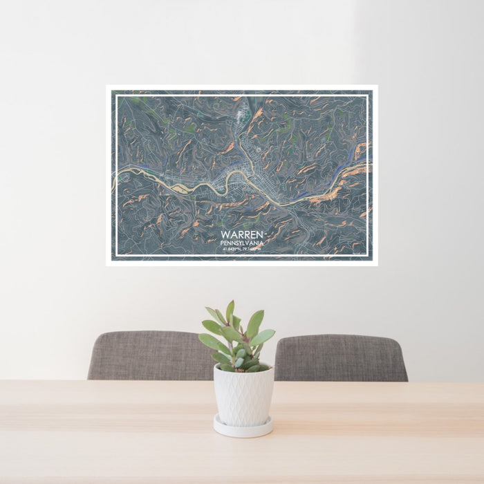 24x36 Warren Pennsylvania Map Print Lanscape Orientation in Afternoon Style Behind 2 Chairs Table and Potted Plant