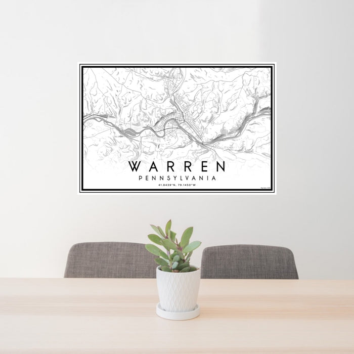 24x36 Warren Pennsylvania Map Print Lanscape Orientation in Classic Style Behind 2 Chairs Table and Potted Plant