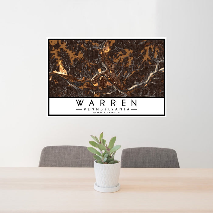 24x36 Warren Pennsylvania Map Print Lanscape Orientation in Ember Style Behind 2 Chairs Table and Potted Plant