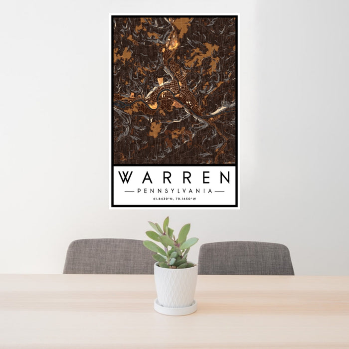 24x36 Warren Pennsylvania Map Print Portrait Orientation in Ember Style Behind 2 Chairs Table and Potted Plant