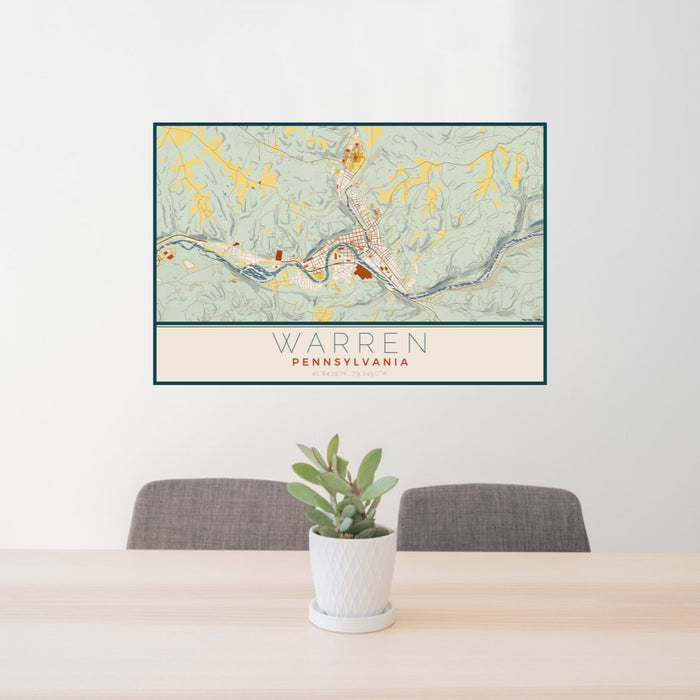 24x36 Warren Pennsylvania Map Print Lanscape Orientation in Woodblock Style Behind 2 Chairs Table and Potted Plant
