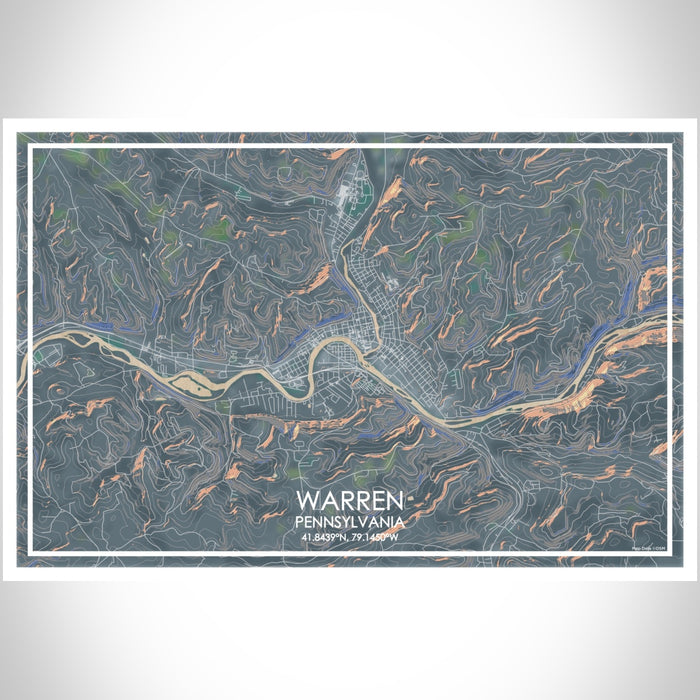 Warren Pennsylvania Map Print Landscape Orientation in Afternoon Style With Shaded Background