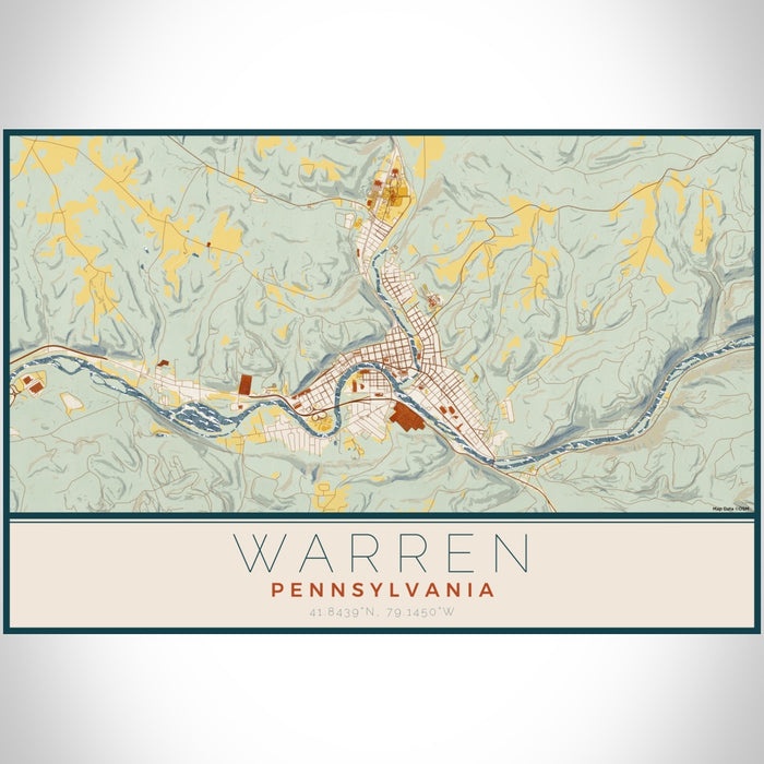 Warren Pennsylvania Map Print Landscape Orientation in Woodblock Style With Shaded Background