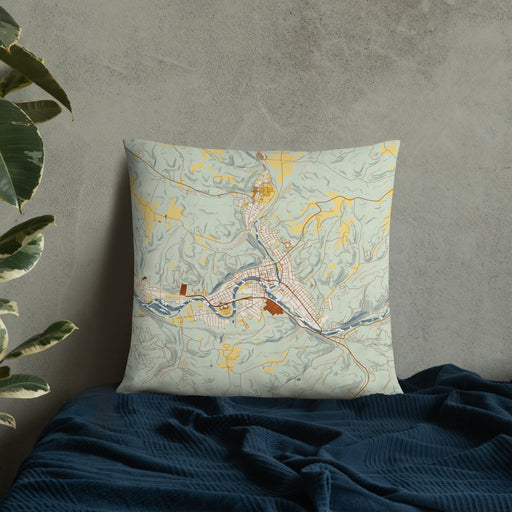 Custom Warren Pennsylvania Map Throw Pillow in Woodblock on Bedding Against Wall