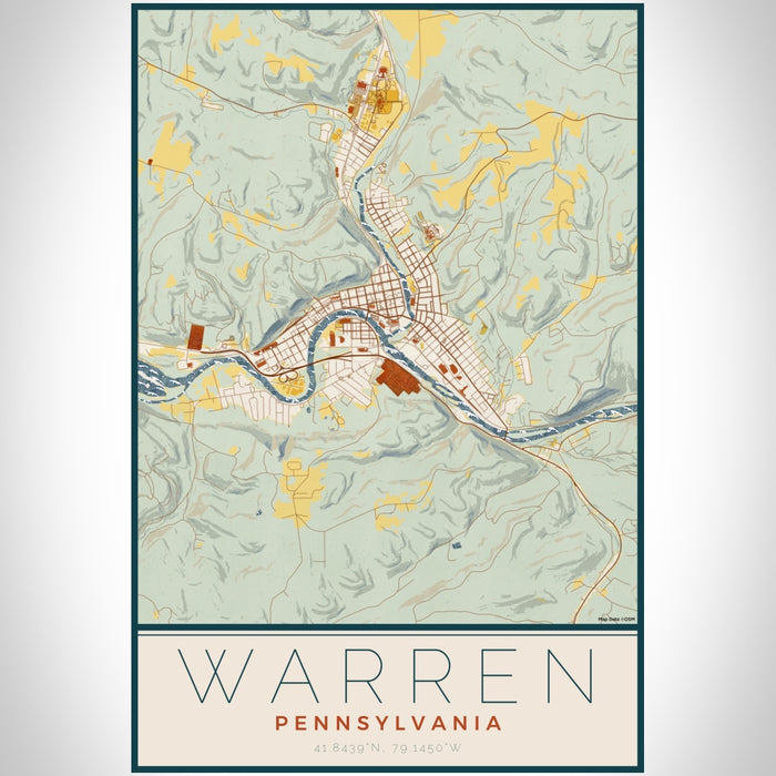 Warren Pennsylvania Map Print Portrait Orientation in Woodblock Style With Shaded Background