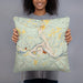 Person holding 18x18 Custom Warren Pennsylvania Map Throw Pillow in Woodblock