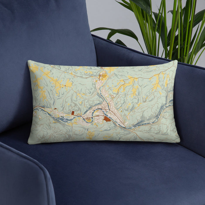 Custom Warren Pennsylvania Map Throw Pillow in Woodblock on Blue Colored Chair